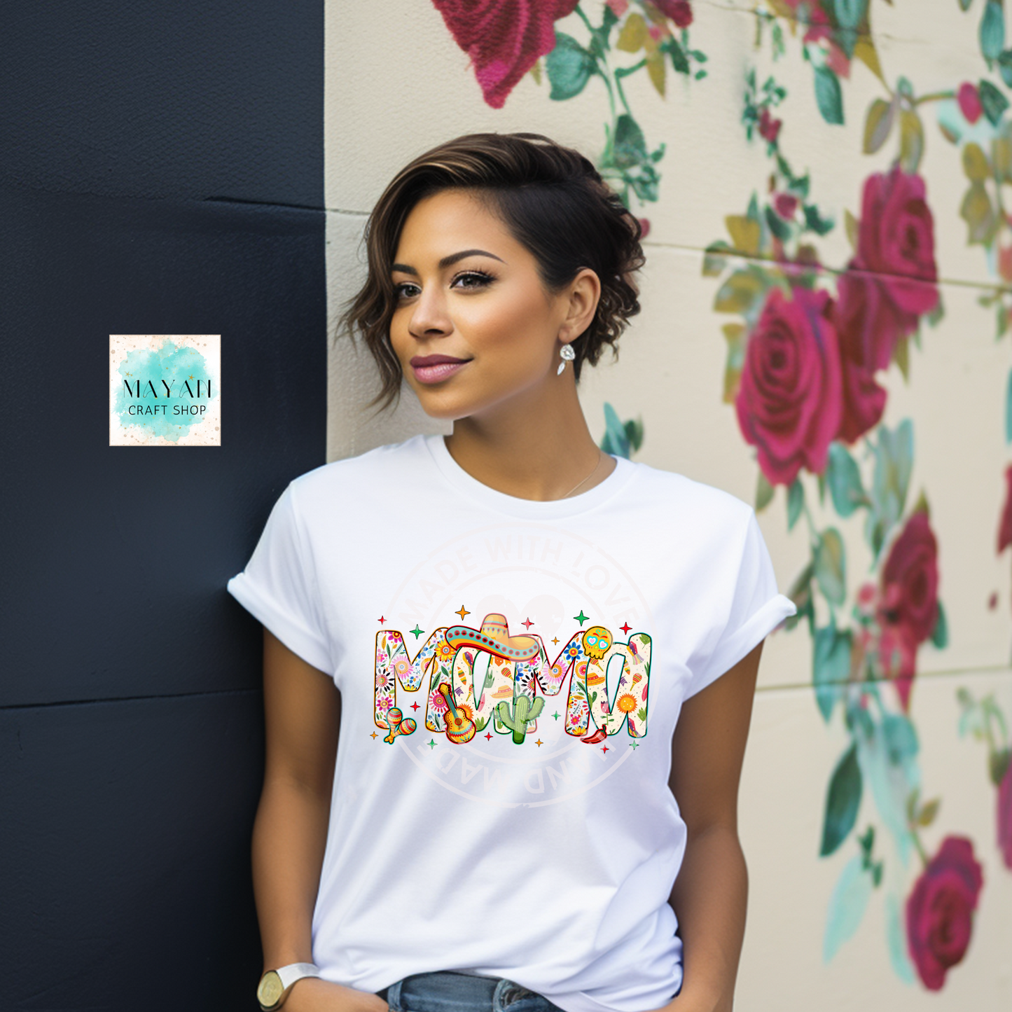 Mama Mexican floral white shirt. -Mayan Craft Shop