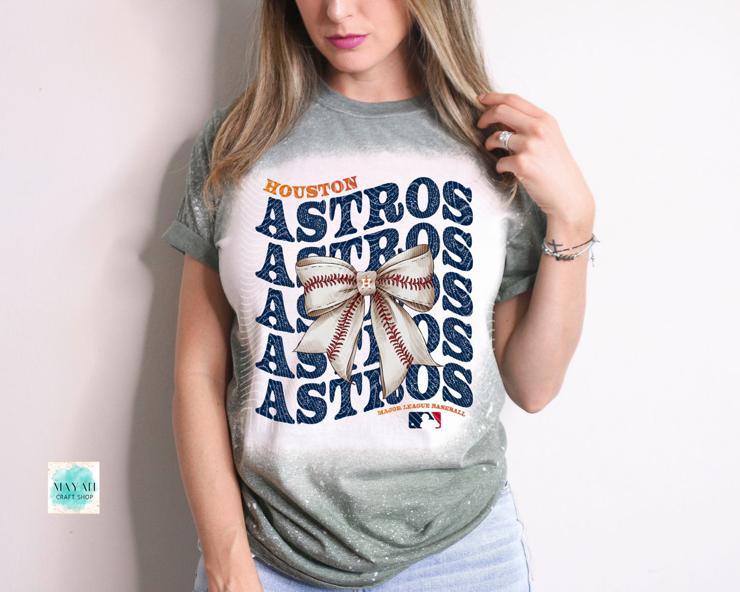 Houston baseball bow heather military green bleached tee. -Mayan Craft Shop