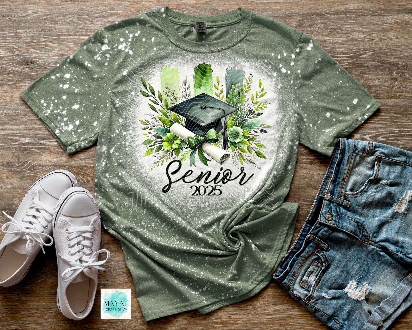 Green graduate 2025 heather military green bleached tee. -Mayan Craft Shop