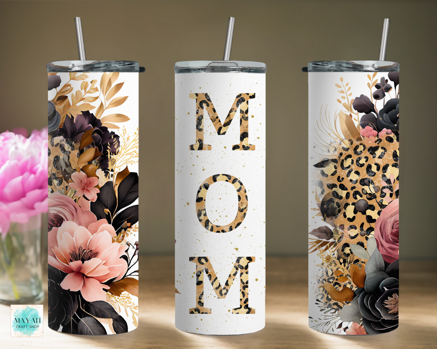 Mom brown floral tumbler. -Mayan Craft Shop