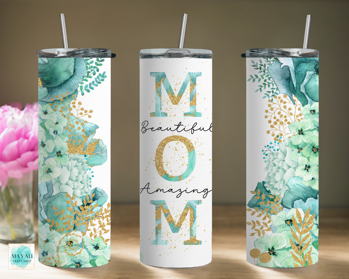 Mom green floral tumbler. -Mayan Craft Shop