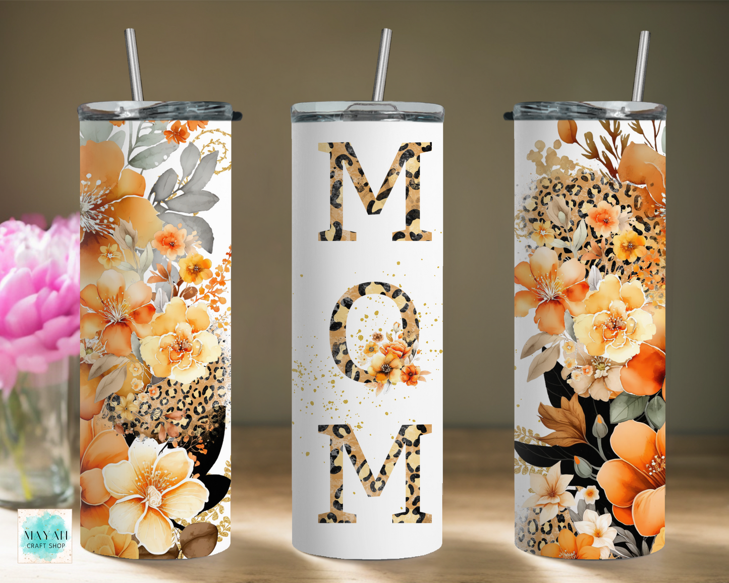Mom orange floral tumbler. -Mayan Craft Shop