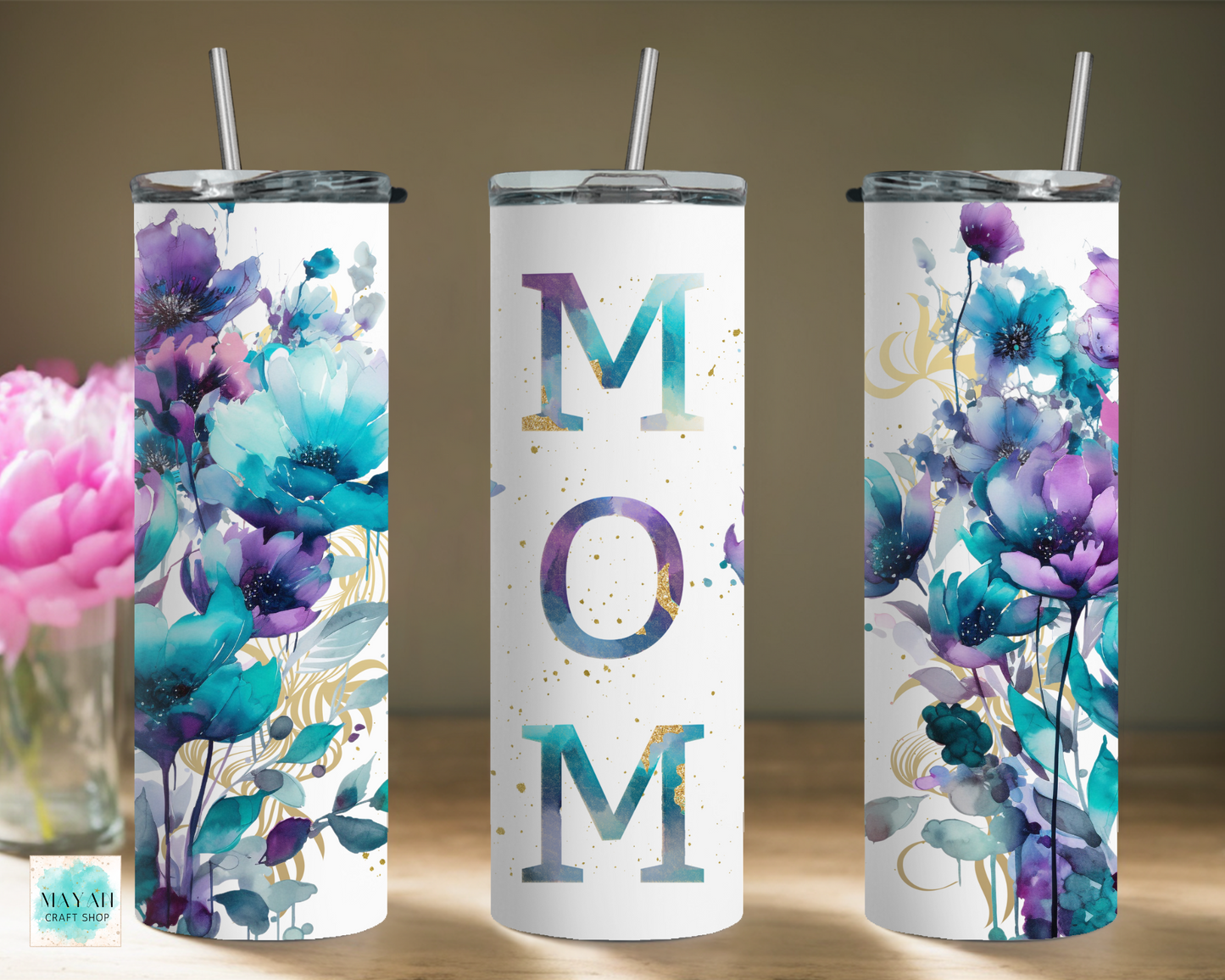 Mom purple floral tumbler. -Mayan Craft Shop