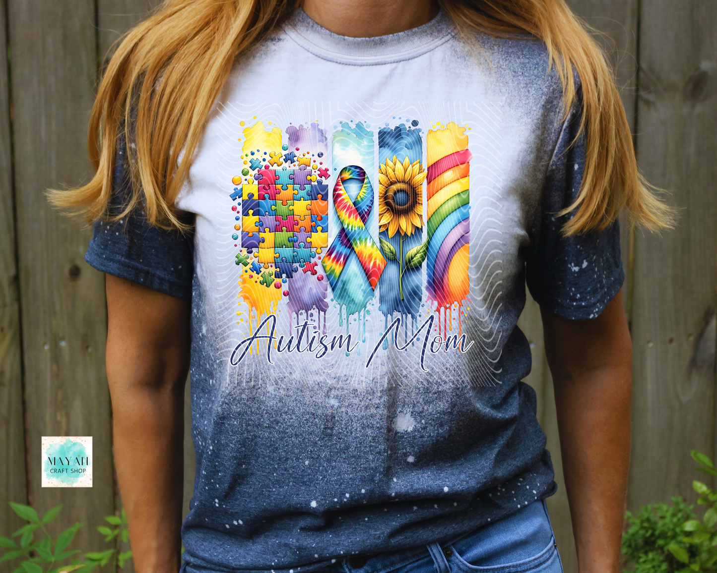 Autism mom heather navy bleached tee. -Mayan Craft Shop