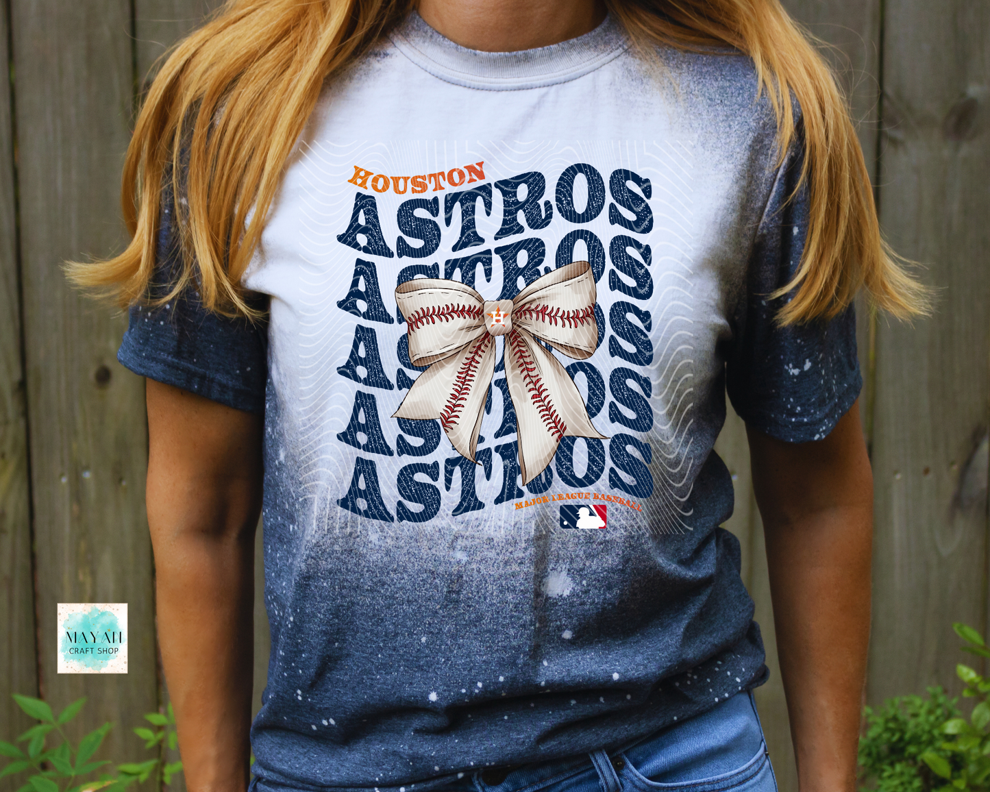 Houston baseball bow heather navy bleached tee. -Mayan Craft Shop