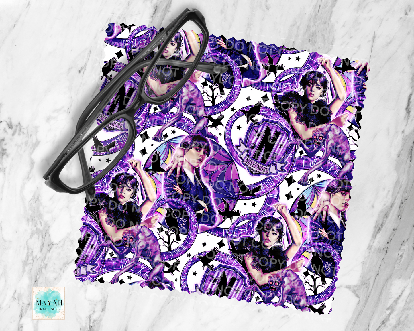 Lens cloth cleaner for glasses of a person in a purple outfit with text on a marble background