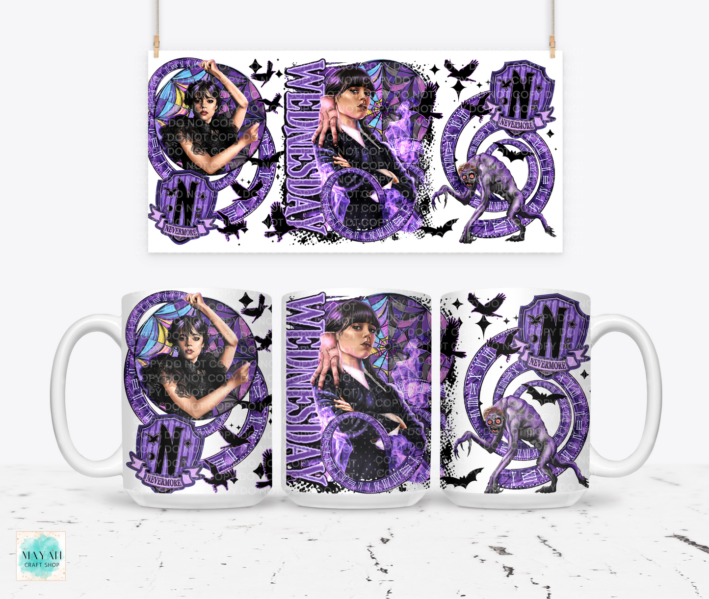 Set of mug with purple designs featuring a character and text on a white background