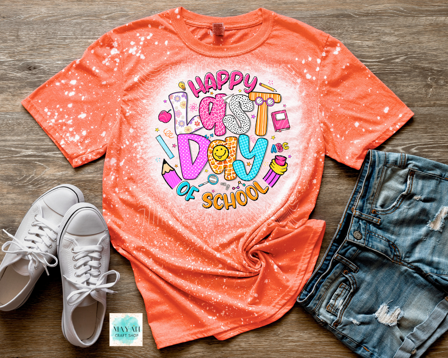 Happy last day of school heather orange bleached tee. -Mayan Craft Shop