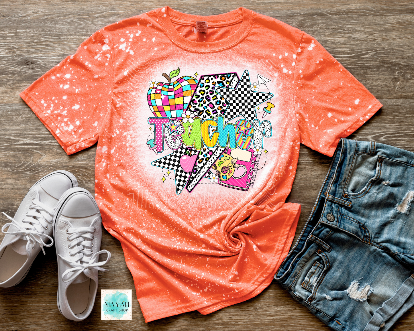 Teacher retro heather orange bleached tee. -Mayan Craft Shop