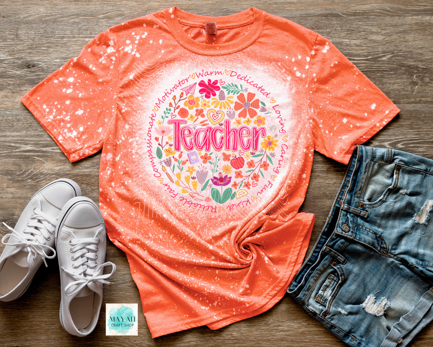 Teacher meaning heather orange bleached tee. -Mayan Craft Shop