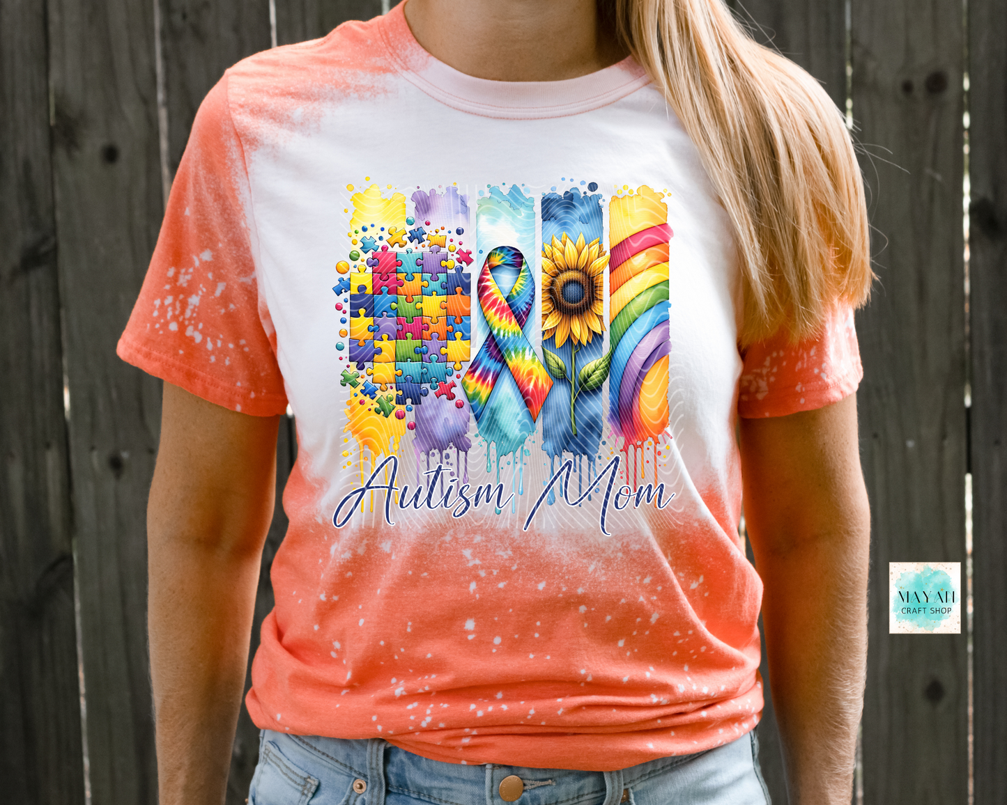 Autism mom heather orange bleached tee. -Mayan Craft Shop