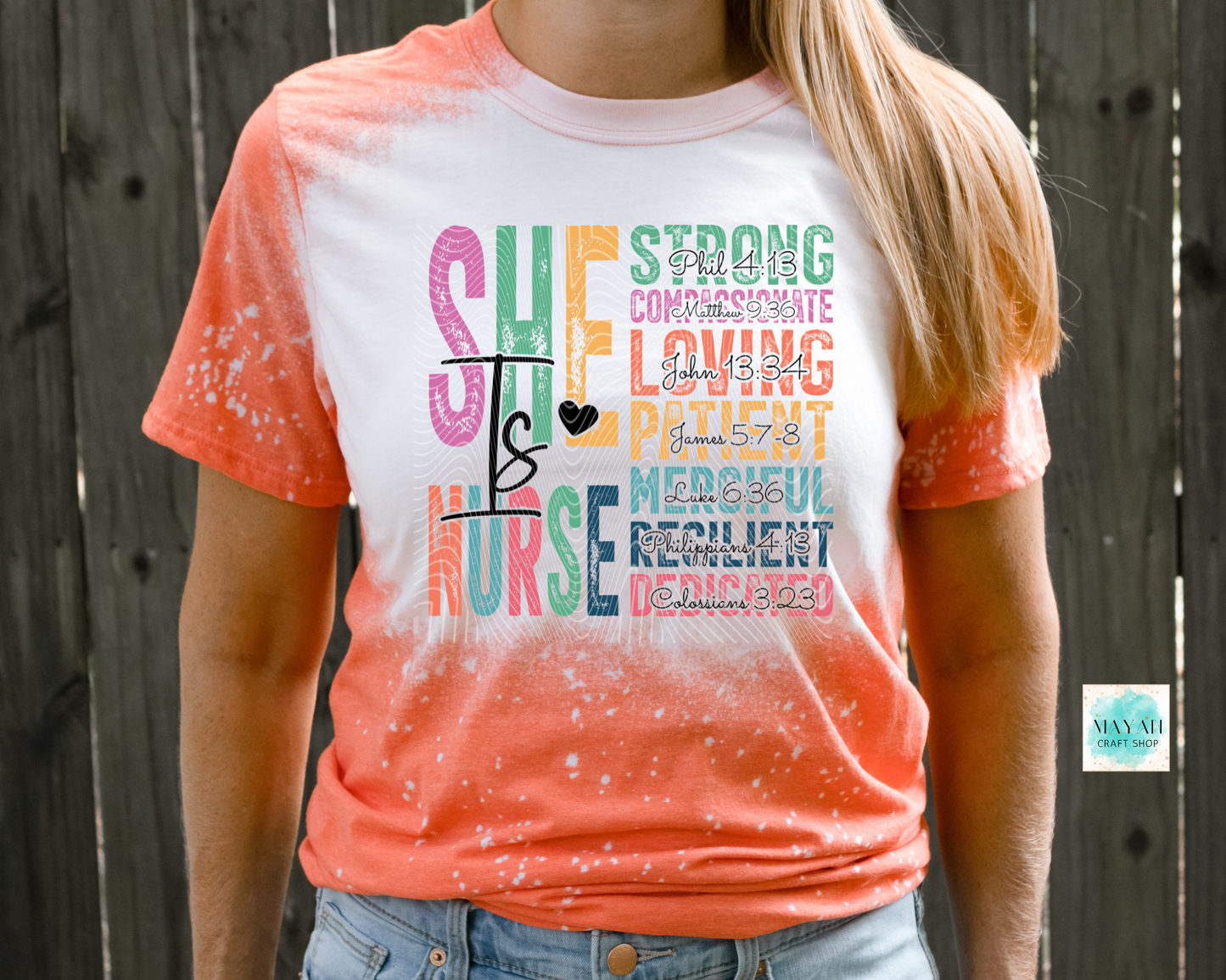 She is nurse heather orange bleached tee. -Mayan Craft Shop