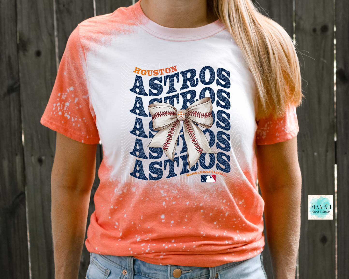 Houston baseball bow heather orange bleached tee. -Mayan Craft Shop