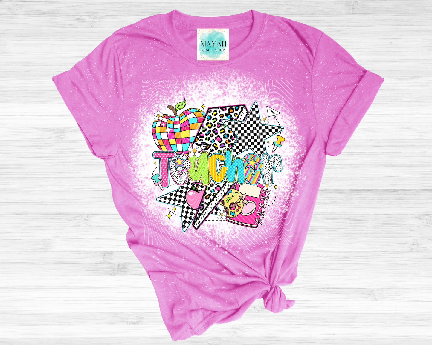 Teacher retro heather orchid bleached tee. -Mayan Craft Shop