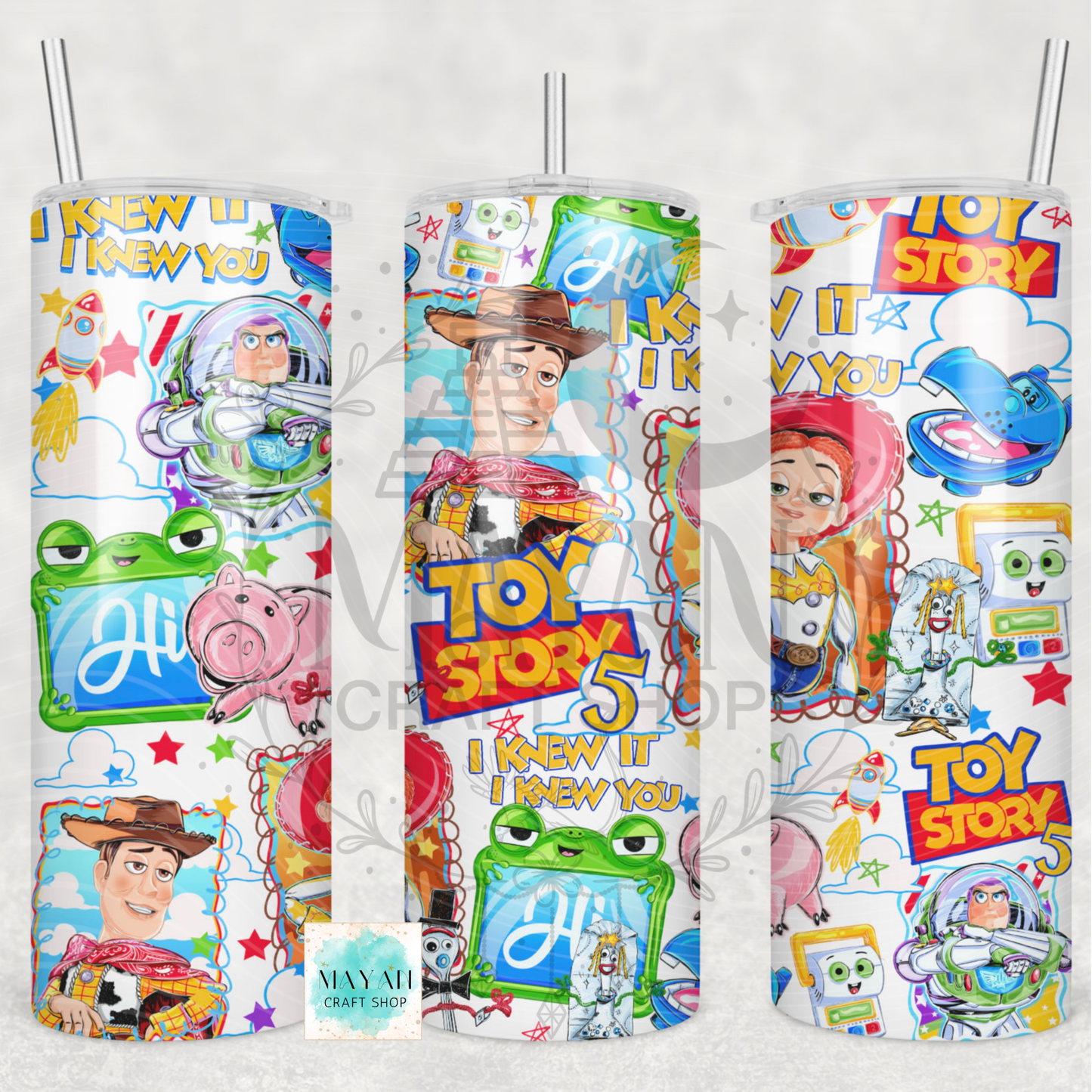 Three colorful tumblers with characters and text on a white background.