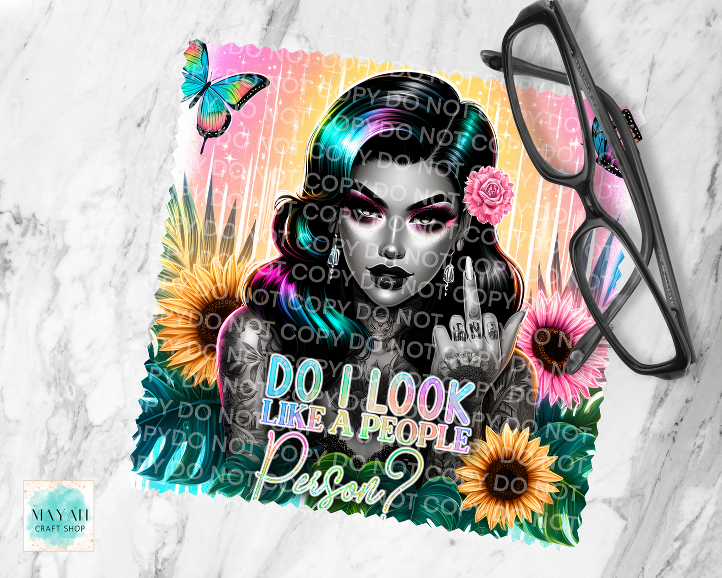 Colorful lens cloth cleaner with a person surrounded by flowers and text on a white background