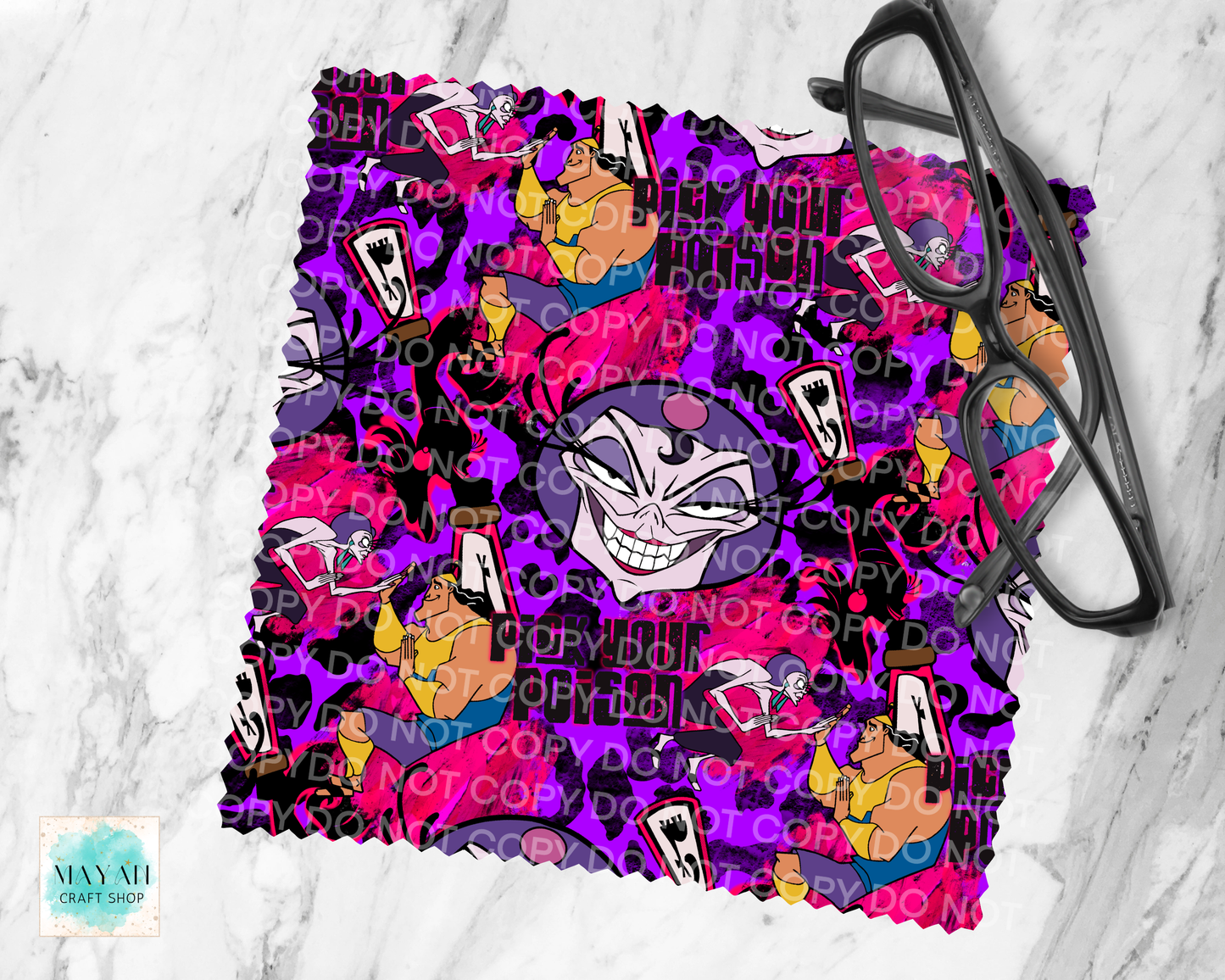 Colorful design with cartoon characters and text on a white marble background