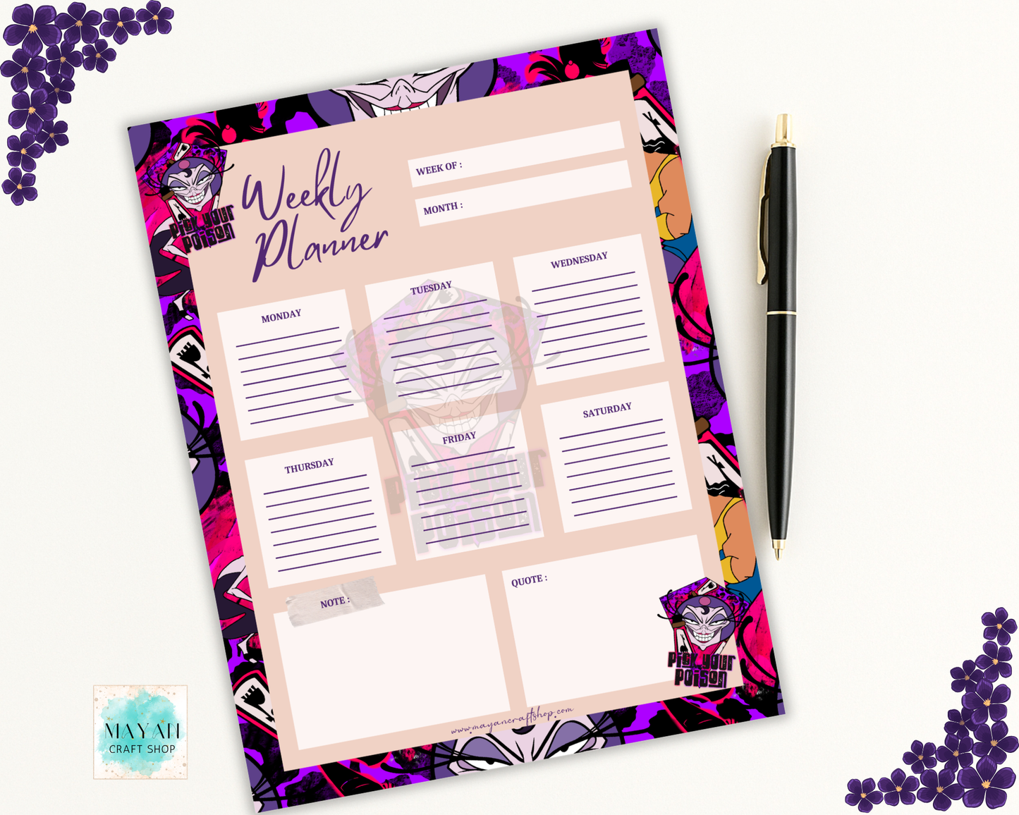 Weekly planner with colorful design on a white background