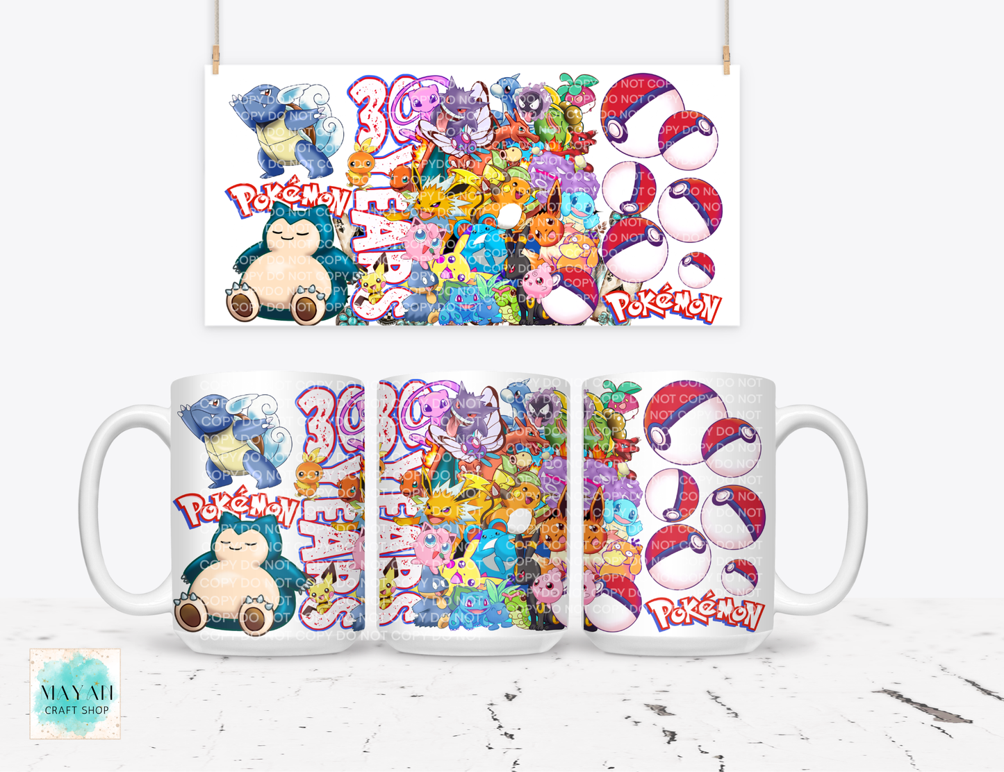 Two mugs with colorful designs of cartoon characters and text on a white background.