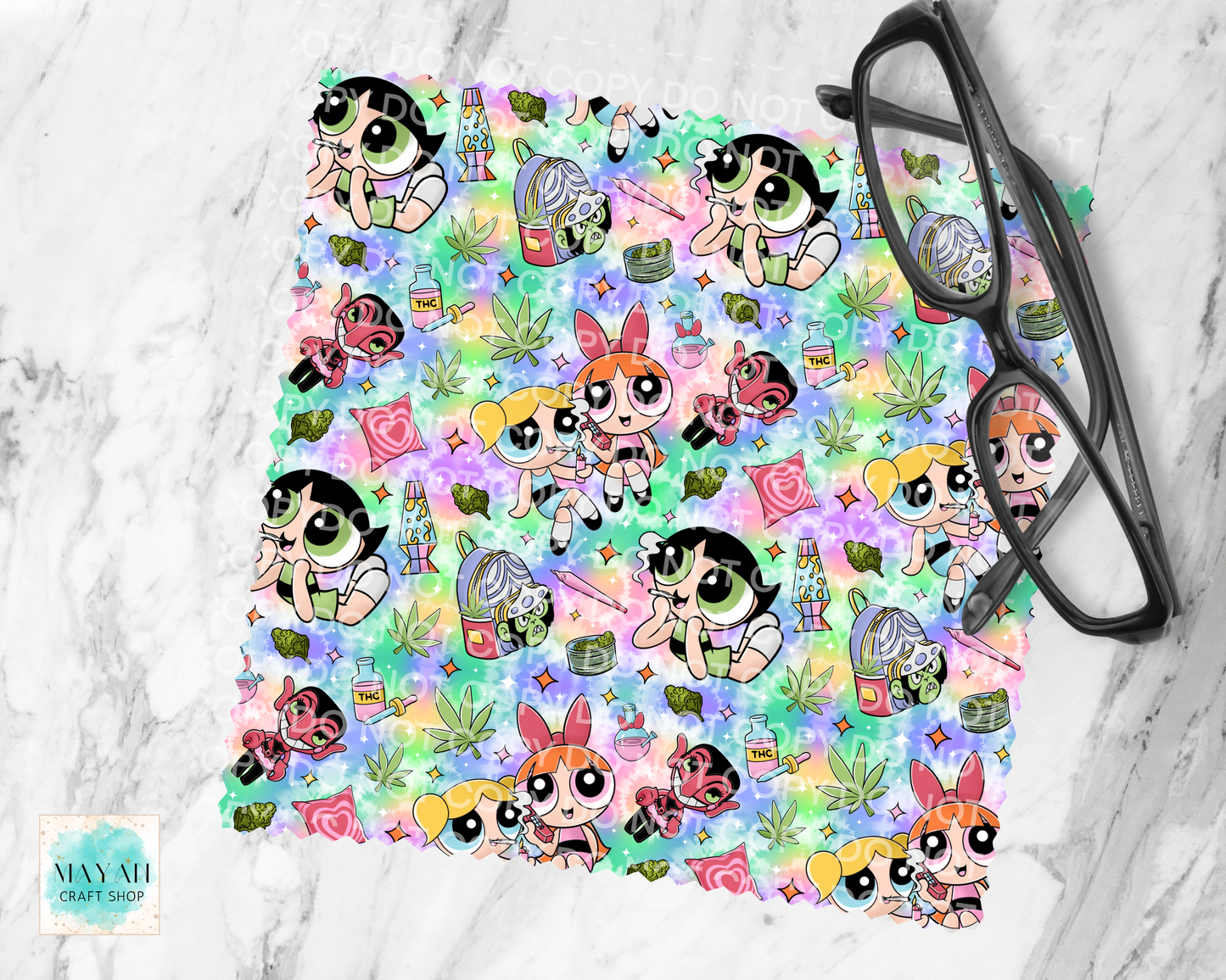 Colorful pattern of cartoon characters on a white surface with glasses on top.