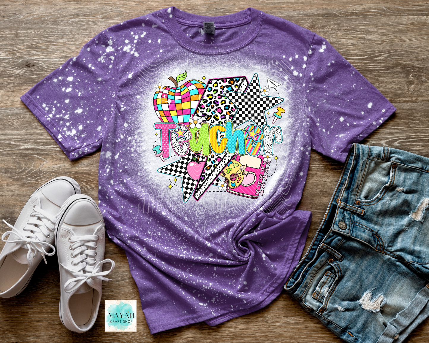 Teacher retro heather purple bleached tee. -Mayan Craft Shop