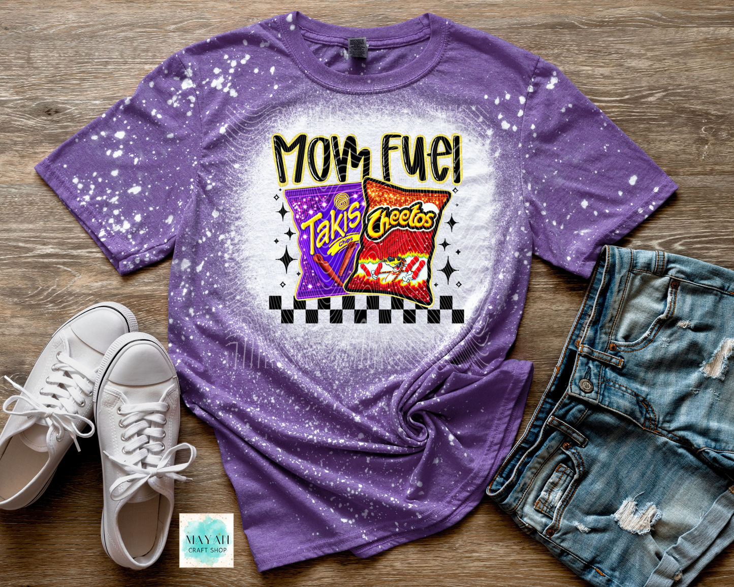 Mom fuel heather purple bleached tee. -Mayan Craft Shop