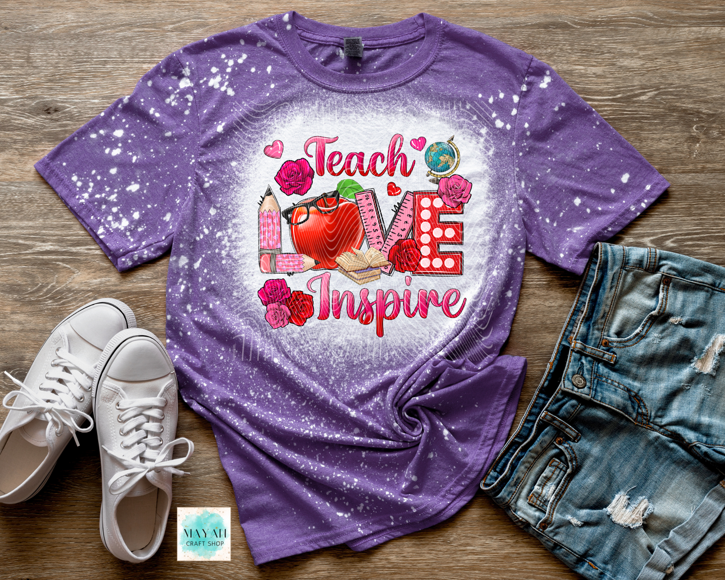 Teach love inspire heather purple bleached shirt. -Mayan Craft Shop