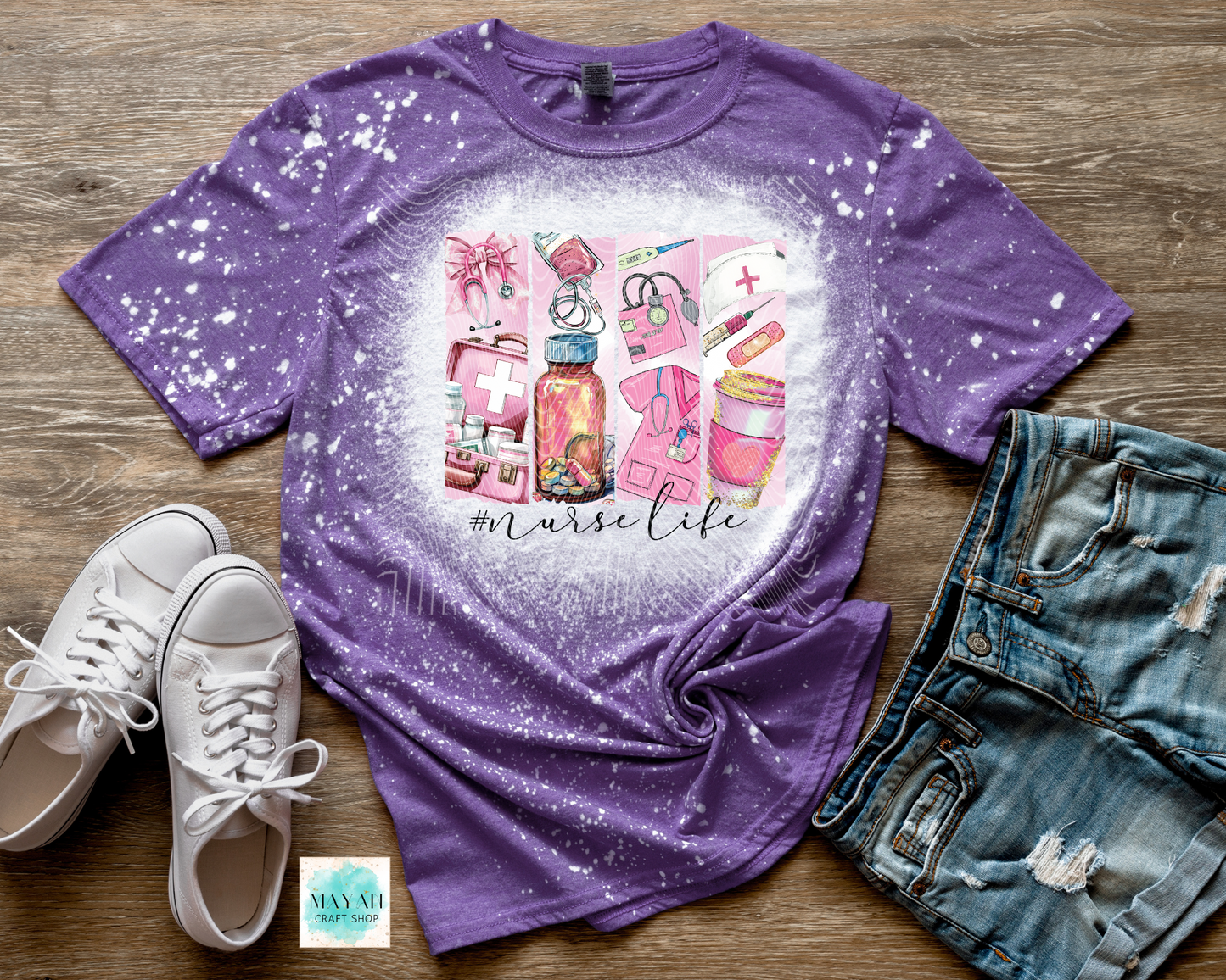 Nurse life heather purple bleached tee. -Mayan Craft Shop