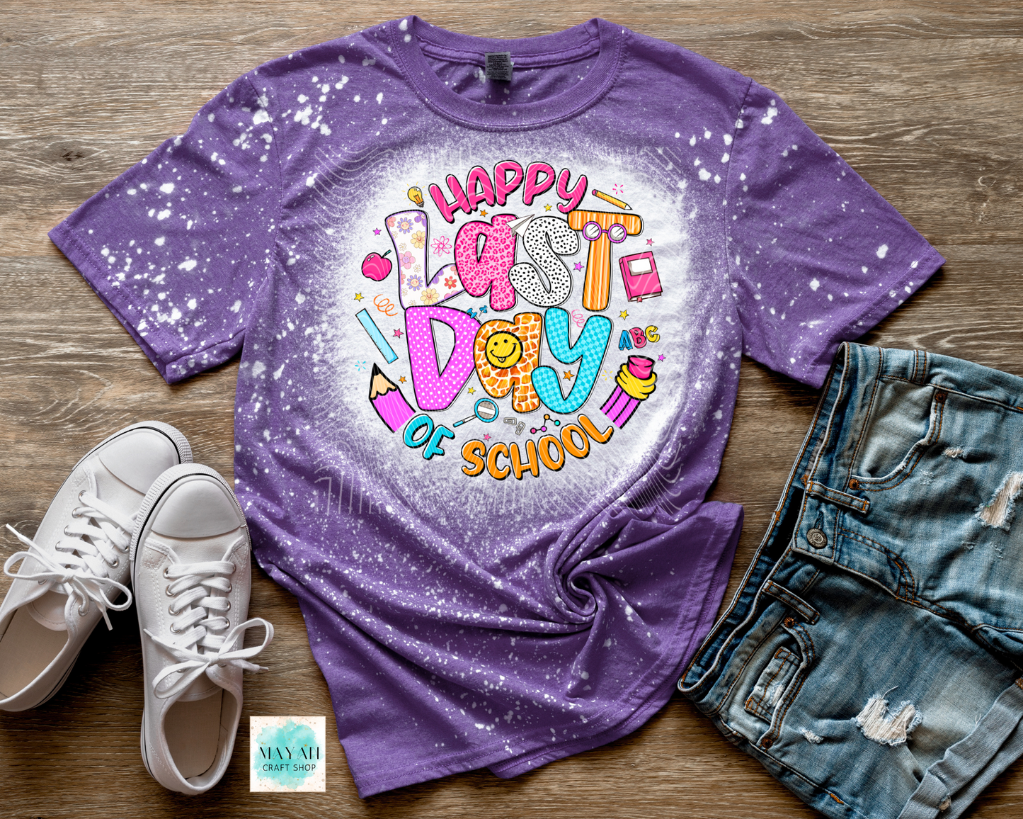 Happy last day of school heather purple bleached tee. -Mayan Craft Shop
