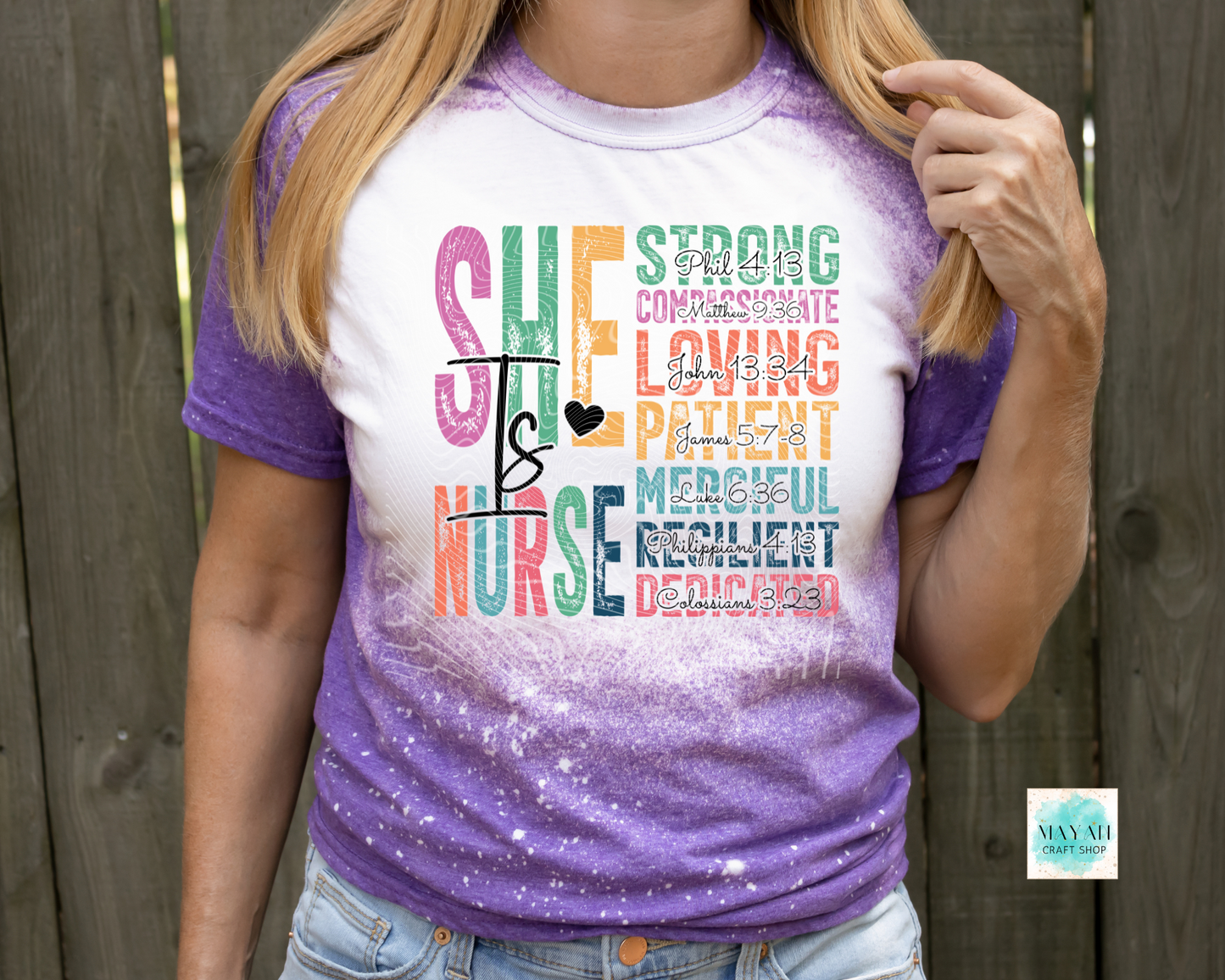 She is nurse heather purple bleached tee. -Mayan Craft Shop