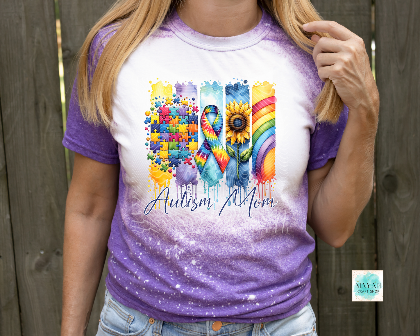 Autism mom heather purple bleached tee. -Mayan Craft Shop