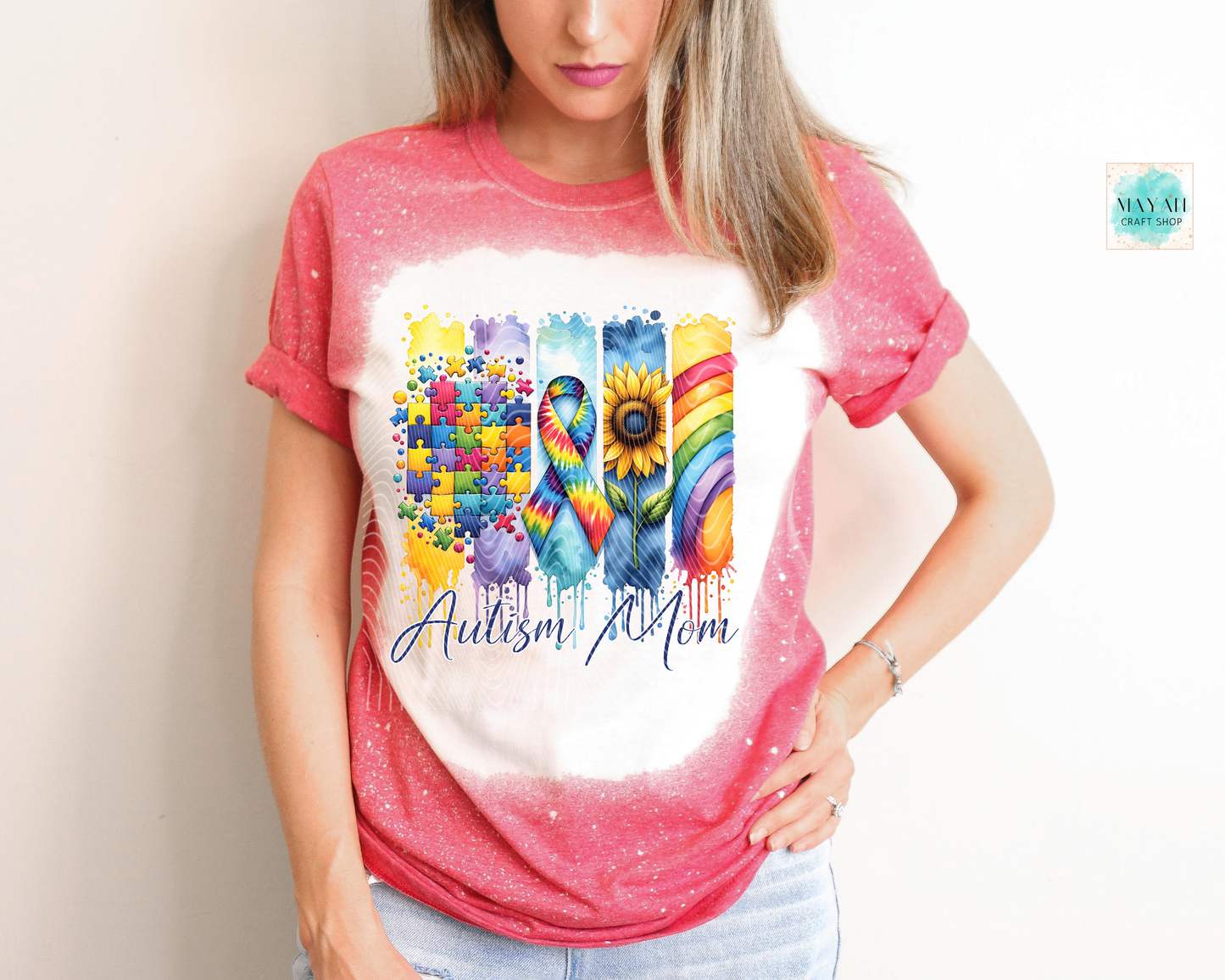 Autism mom heather red bleached tee. -Mayan Craft Shop
