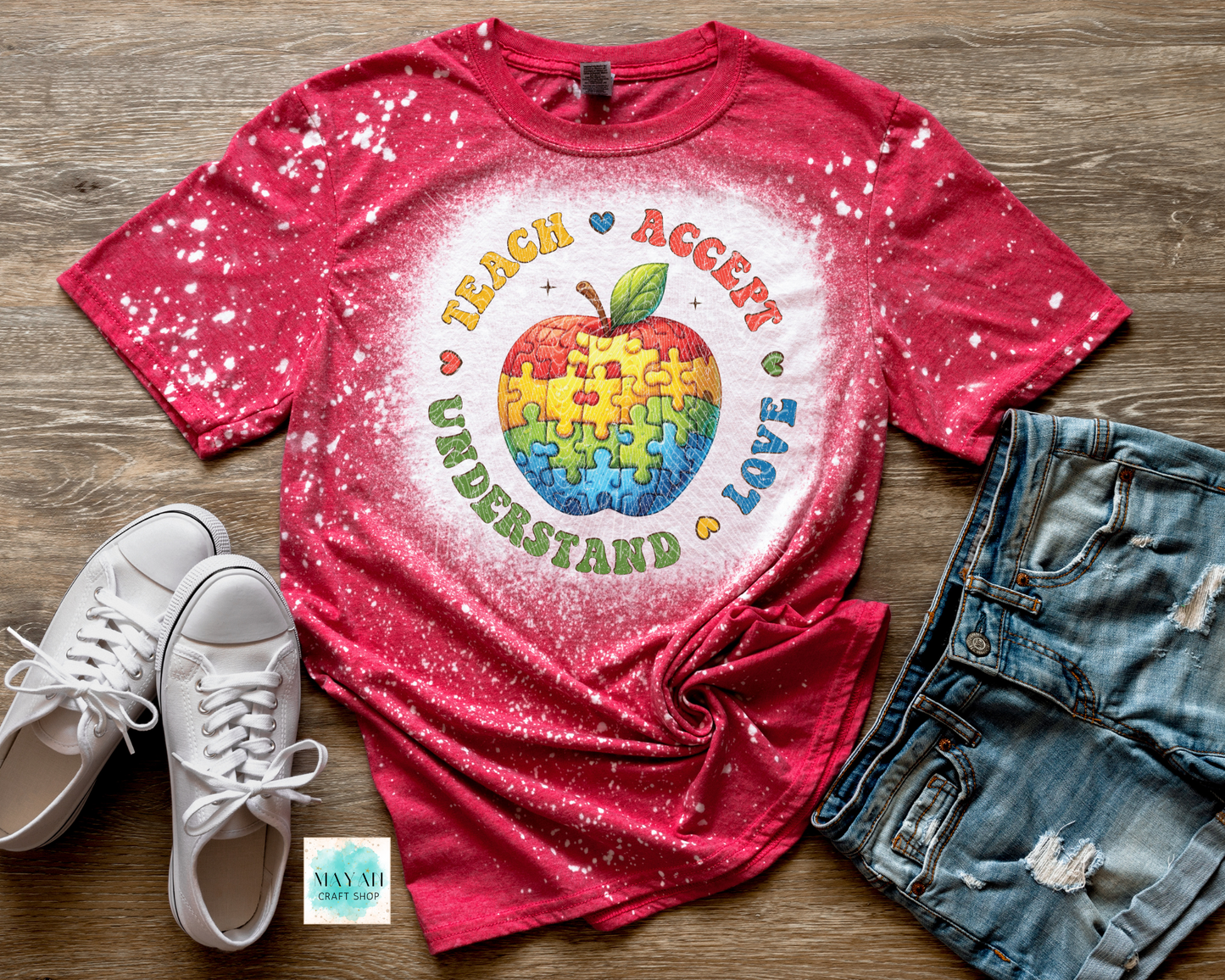 Autism teacher heather red bleached shirt. -Mayan Craft Shop