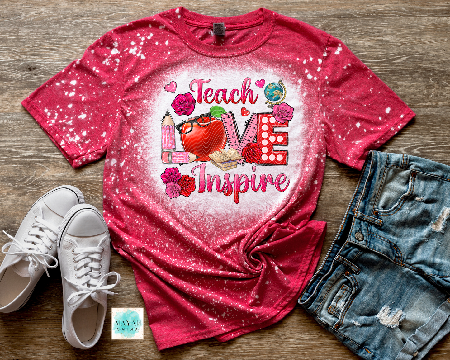 Teach love inspire heather red bleached shirt. -Mayan Craft Shop