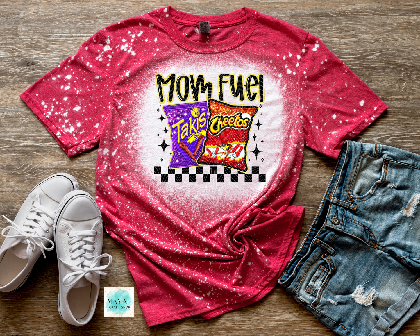 Mom fuel heather red bleached tee. -Mayan Craft Shop
