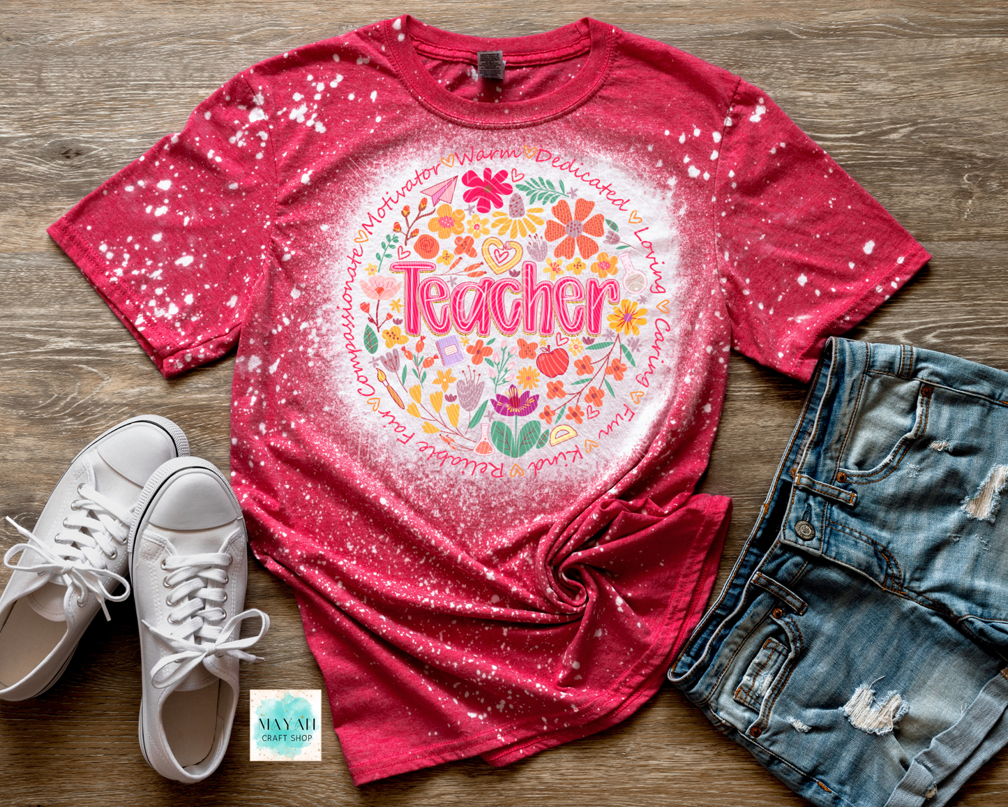 Teacher meaning heather red bleached tee. -Mayan Craft Shop