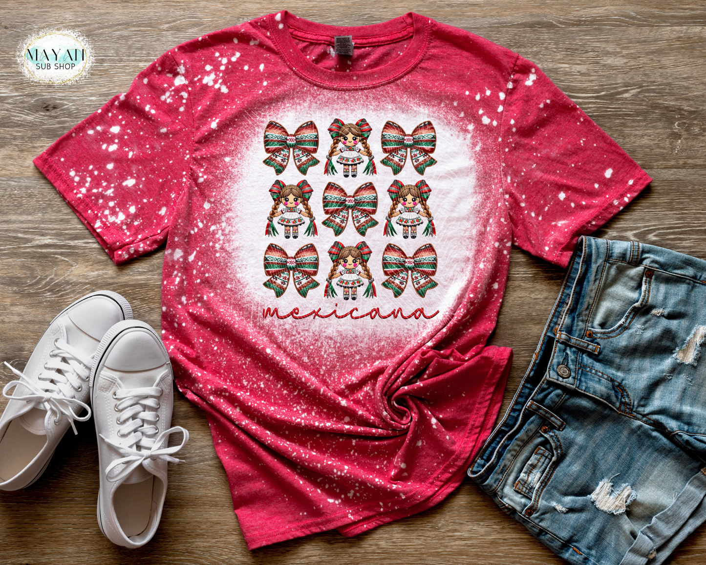 Mexican bows and dolls heather red bleached tee. -Mayan Sub Shop