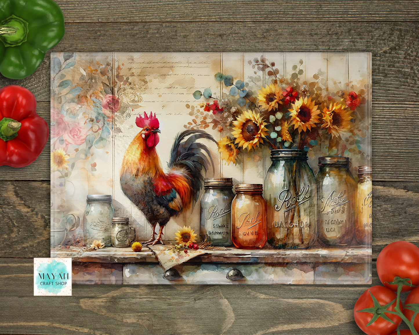 Cutting board with a rooster, flowers, and jars on a rustic wooden background.
