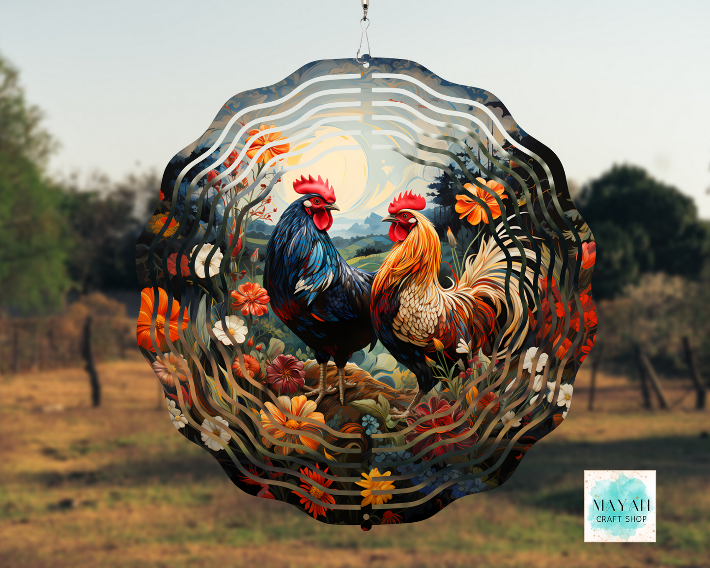Decorative hanging with roosters design in a natural setting