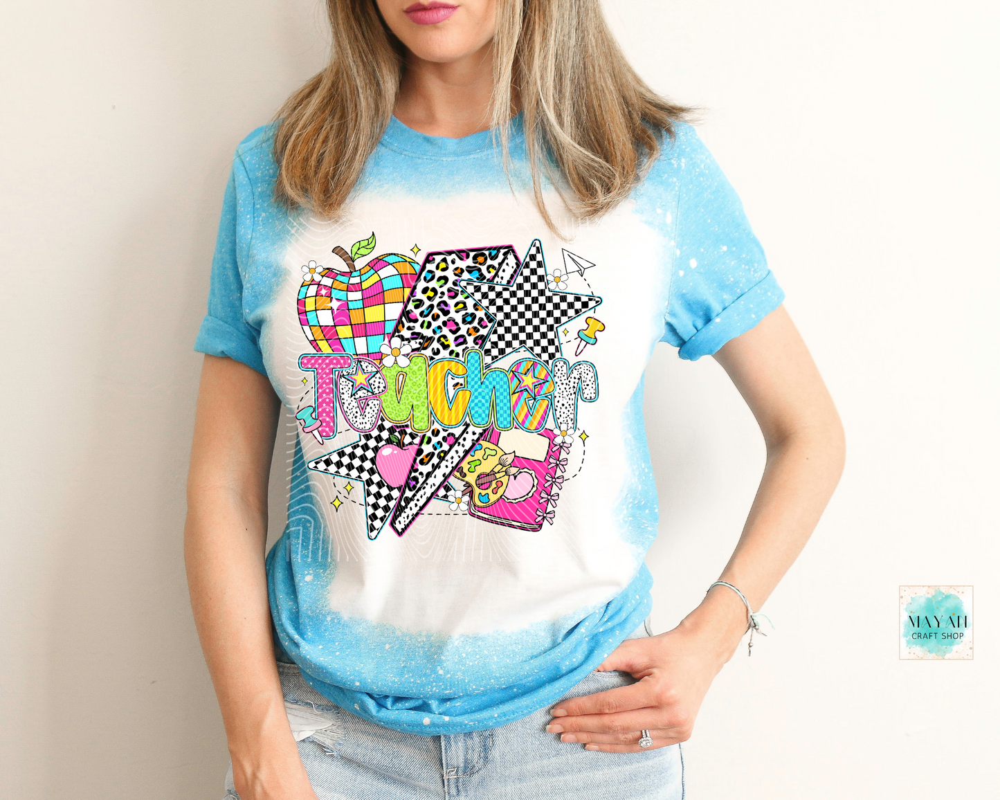 Teacher retro heather sapphire bleached tee. -Mayan Craft Shop