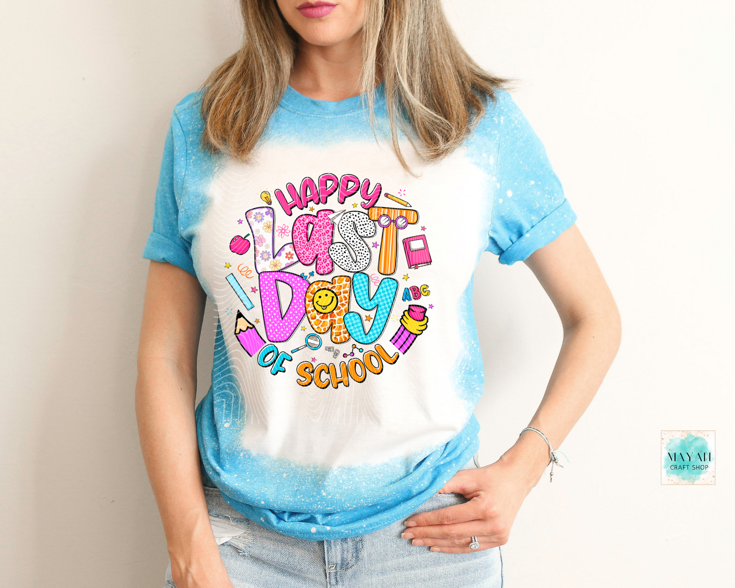 Happy last day of school heather sapphire bleached tee. -Mayan Craft Shop