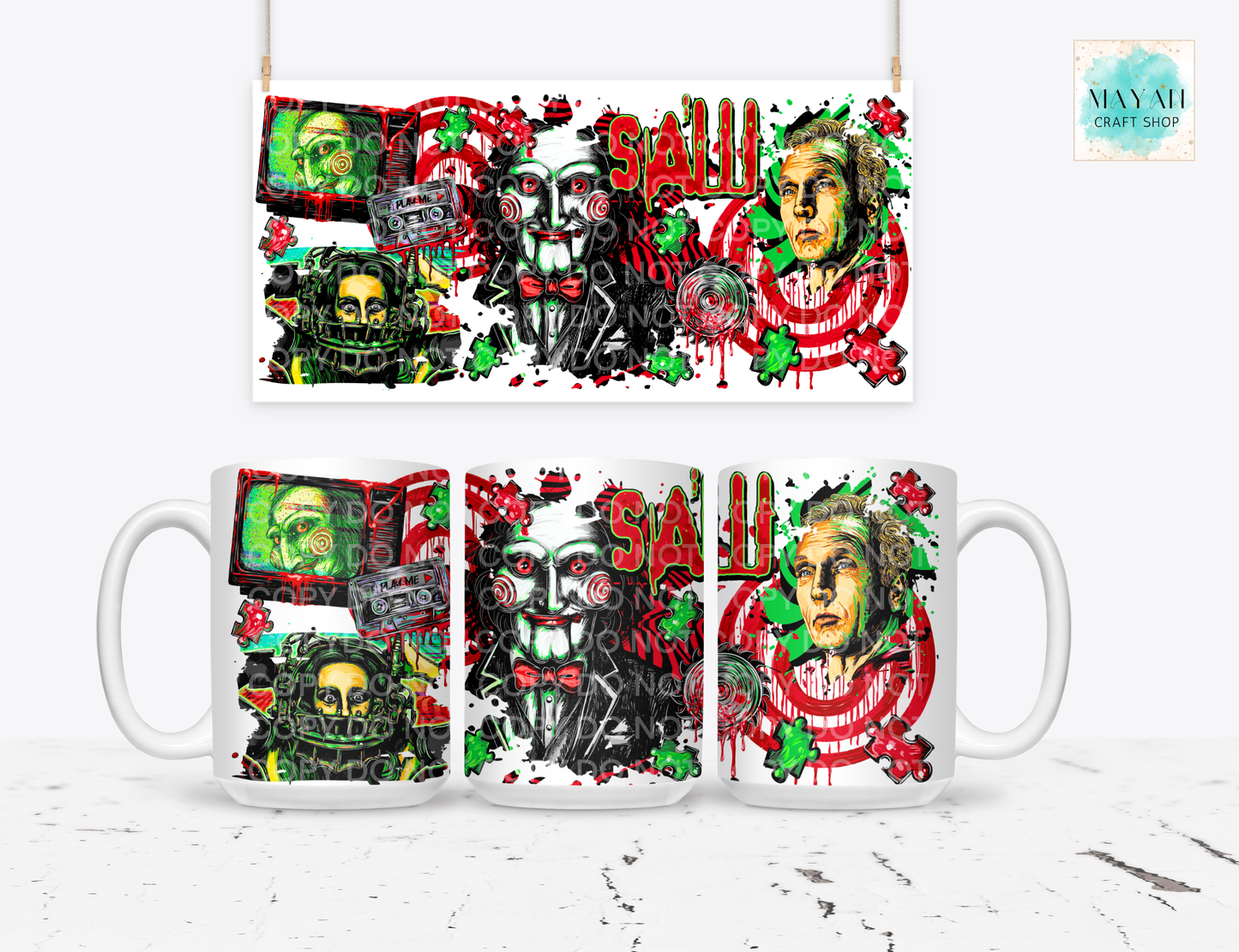 A white ceramic mug shown from three angles with a matching rectangular print above it, featuring a horror-themed collage with a word in red, green splatter, skulls, and illustrated faces. The mug is displayed on a light gray surface against a white background.