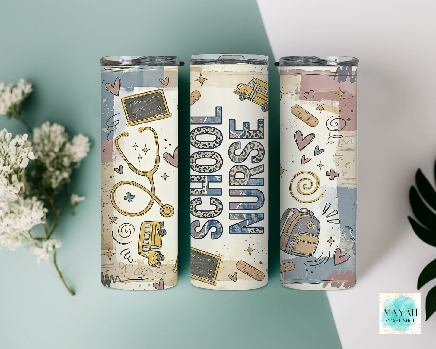 Three tumblers with 'School Nurse' design on a light blue and white background.