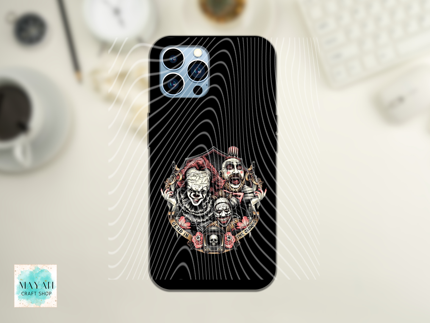 Phone case with artistic design on a textured surface