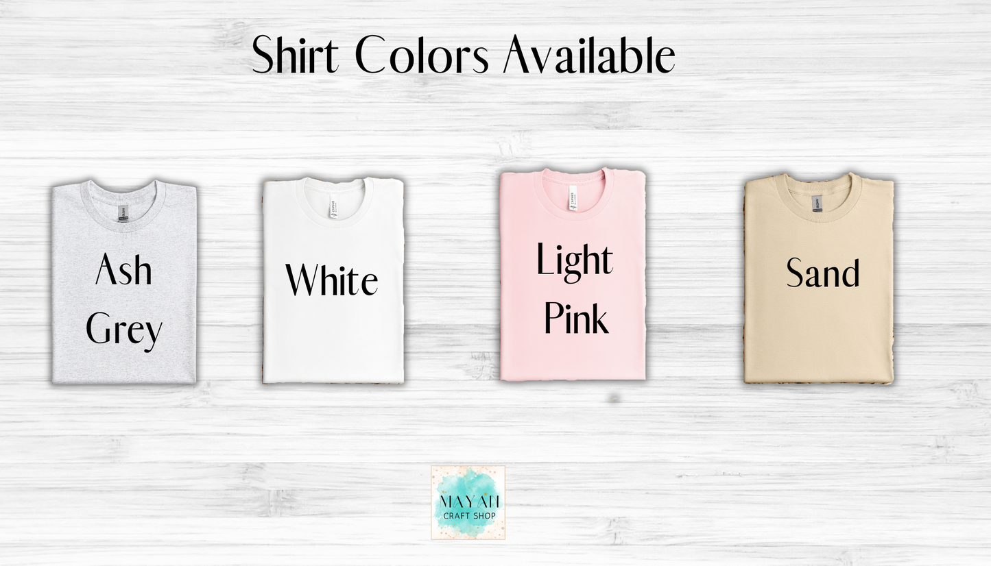 Four t-shirts in different colors with color names on a white background