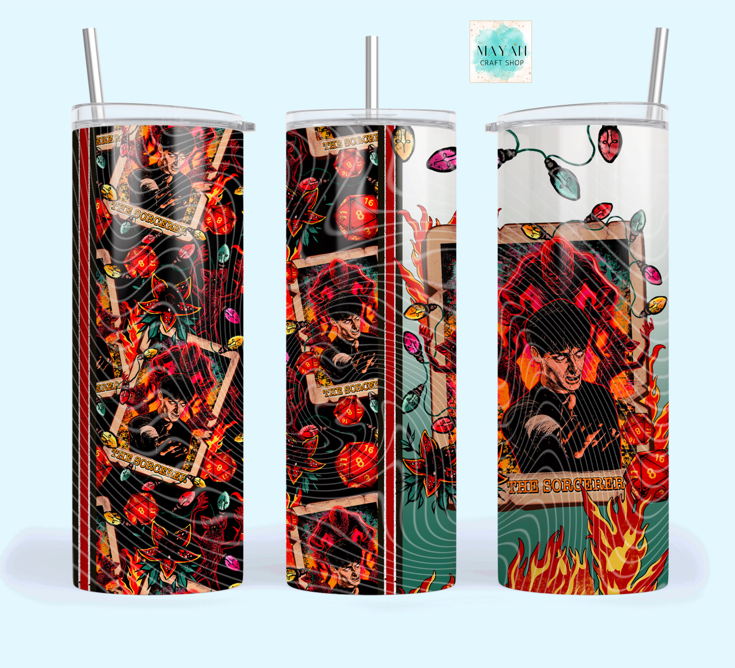 Three tumblers with colorful designs and straws on a light blue background