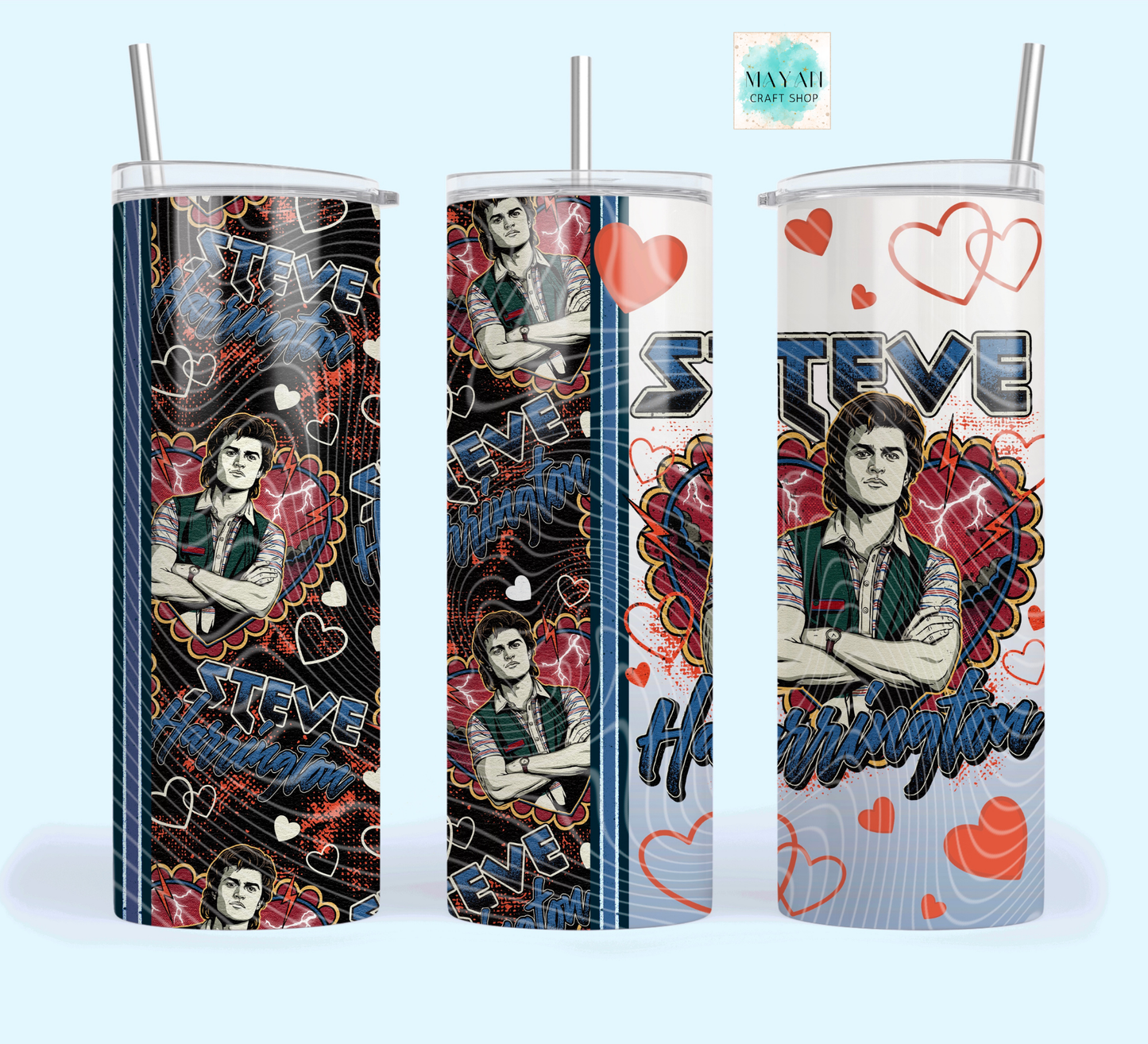 Three tumblers with a design of a person and the name 'Steve' on a white background.