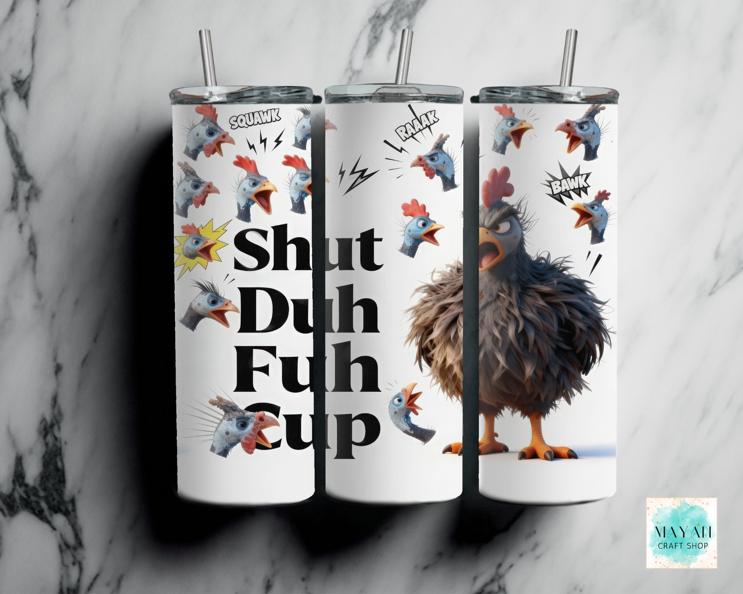 Three tumblers with a rooster design and text on a marble background
