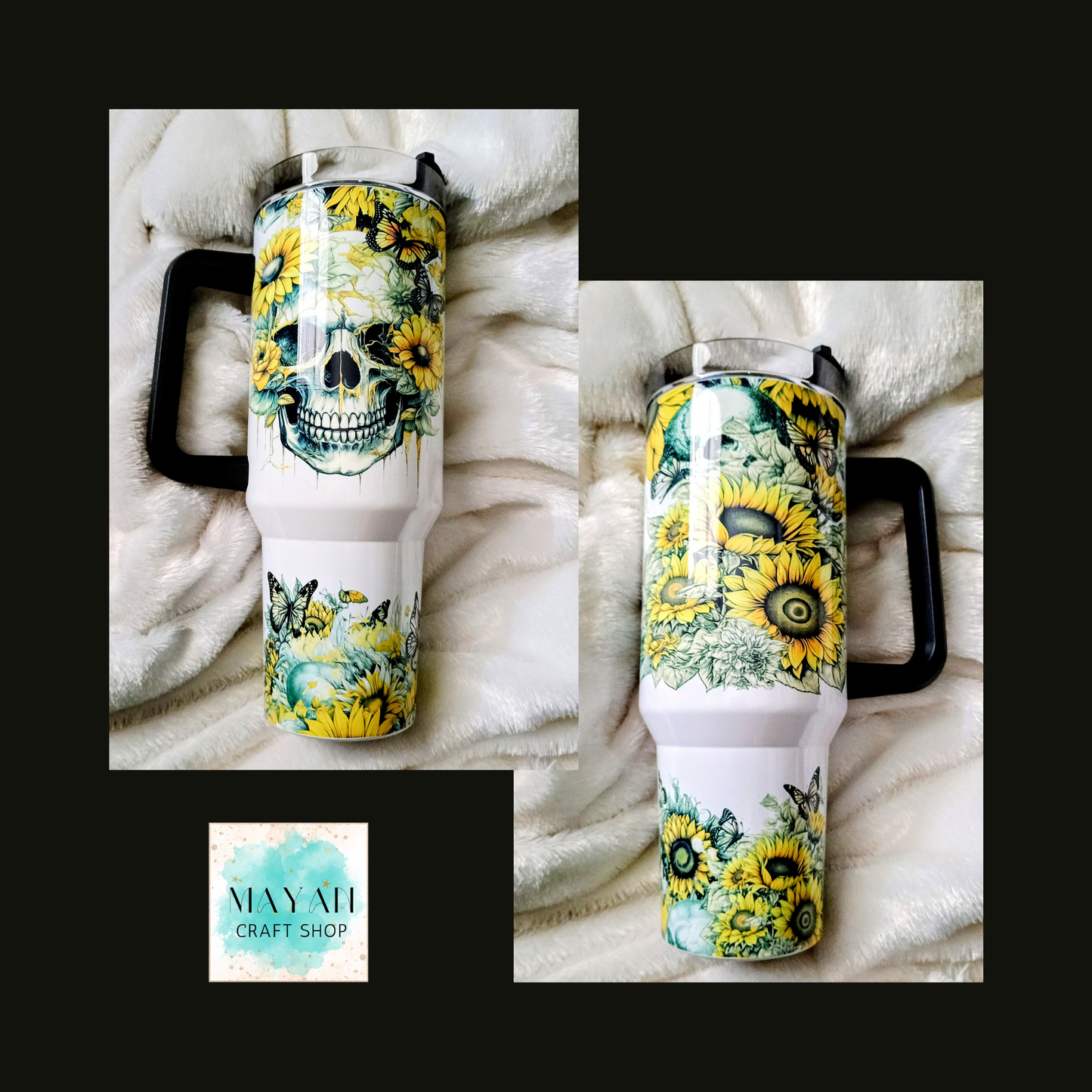 Sunflower skulls tumbler with handle. -Mayan Craft Shop