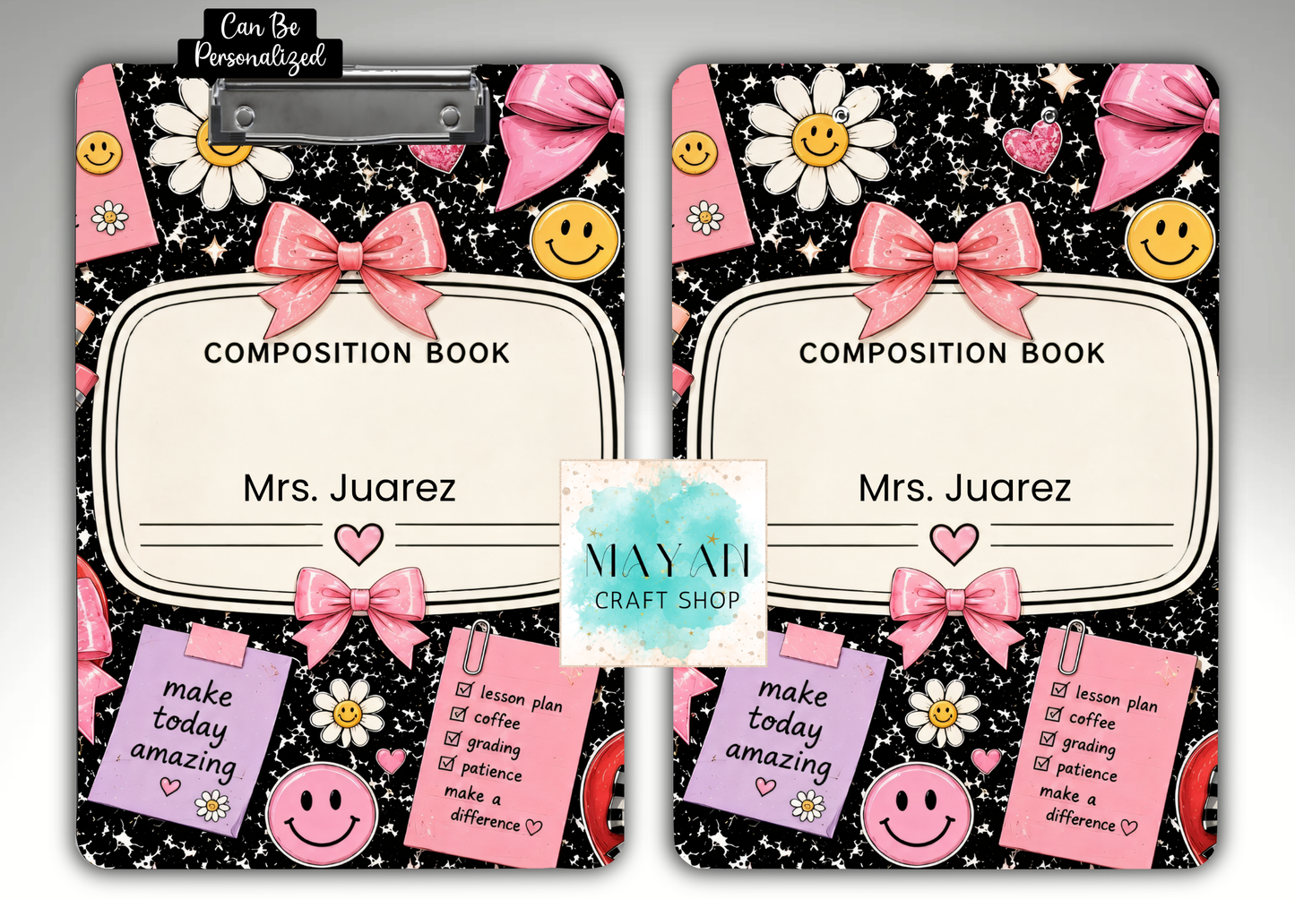 Two matching clipboards displayed side by side on a black background, decorated with pink bows, white daisies with yellow smiley faces, pink hearts, and pastel sticky notes.